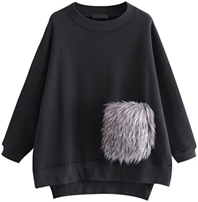 AutumN Womens Irregular Hem Jumper With Flush Faux Fur Pocket (Black, S)