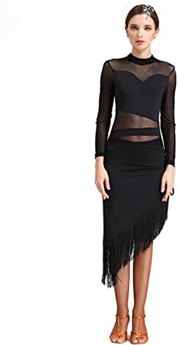 Full Nice Women's Latin Tassel Fringe Salsa Samba Rumba Tango Dance Dress 1 Set(Black,L)