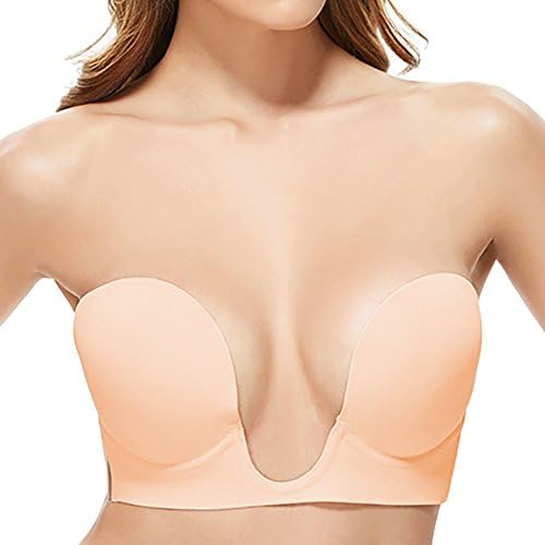 Dadiii Invisible Push Up Deep U Plunge Bra, Self Adhesive Strapless Silicone Backless Nubra for Women (Nude C)