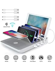 Multi Ladestation USB Ladegerät mehrfach Ladestation für mehrere Geräte Dockingstationen mit Fast Wireless Charger 10W Qi Ladefläche und 4 USB Ports für Smartphone Handy Tablet