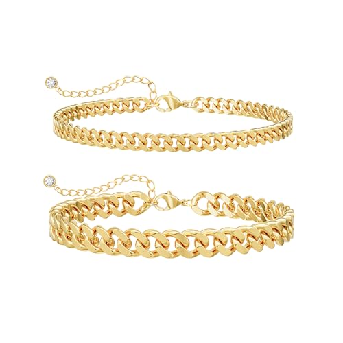 Gold Ankle Bracelets for Women Waterproof - Dainty Gold Anklets Trendy Layered 14K Gold/Silver Plated Stackable Chunky Cuban Link Chian Anklet Bracelet Set for Women Non Tarnish Beach Jewelry Gift