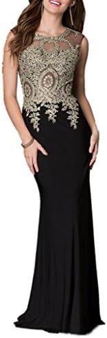 Winnie Bride Trendy Gold Appliqued Formal Dress Long Fitted Evening Party Gown-14-Black