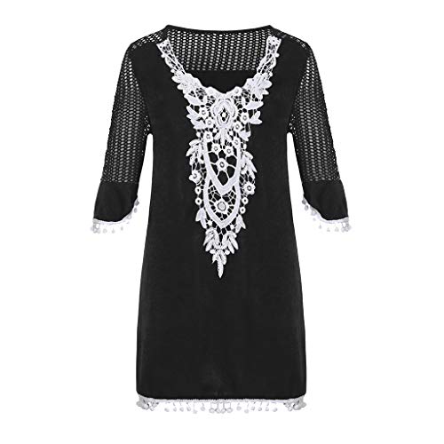 AmyGline Oberteil Damen Strandkleid Pom Pom Trim Quaste Spitze Strandponcho Badeanzug Bikini Cover Up Bluse Tunika Pareo… – Bild 3