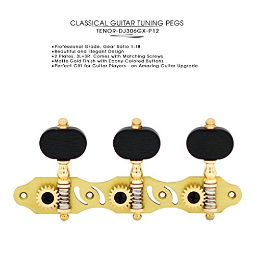 DJ306GX-P12 TENOR Classical Guitar Tuners Professional Tuning Key Pegs/Machine Heads for Classical or Flamenco Guitar with Matte Gold Plated Finish and Ebony Colored Buttons.