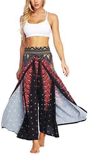 YIFAN DREAM Women's Chiffon Trousers Summer Casual Boho Print Beach Sport Yoga Harem Pants Elastic Waist Leg Wide Pants Split Loose Culottes Skirt