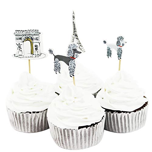 Winrase Pack of 24 Cute Eiffel Tower and pet dog Kids Party Decoration Paper Cupcake Toppers (Eiffel Tower and pet dog)