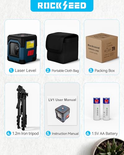 Laser Spirit Level with 1.2 m Iron Tripod, RockSeed Cross Line Laser with Self-Levelling, Vertical and Horizontal Line, 360 Degree Rotation, Carry Bag, Battery Included