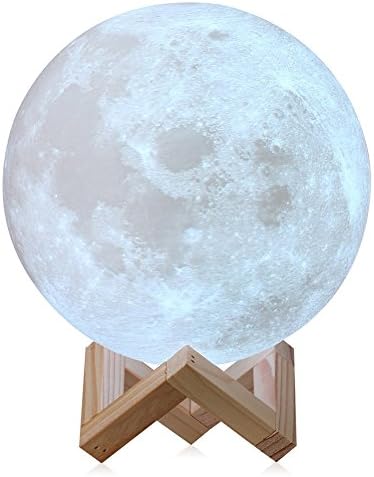 3D Moon Lamp LED Night Light with Touch Switch, Desk Lamp 2 colors with USB Charging Cable & Wooden Holder (13cm)