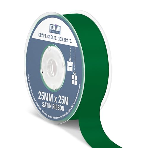 Italian Options Satin Ribbon, Fabric Ribbons for Gift Wrapping, Crafting, Balloons, Wedding Car, Presents, Cake, Christmas, Birthday, Gift Wrap Accessories, 25mm Wide x 25 Metre Roll, Bottle Green