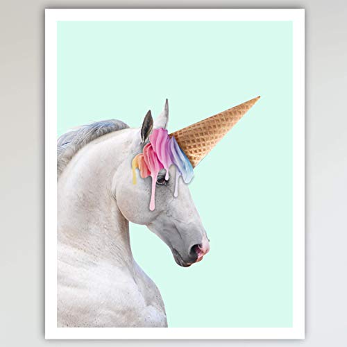 Horse & Rainbow Ice Cream Cone Unicorn Art Print Poster - Fun Home & Bedroom Wall Art for Girl's Bedroom & Home Decor 11x14 inches, Unframed