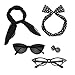 Retro 50's Costume Accessories Set Polka Dot Chiffon Scarf Cat Eye Glasses Bandana Tie Headband & Earrings for Girls Women Ladies Dress Up (Black)