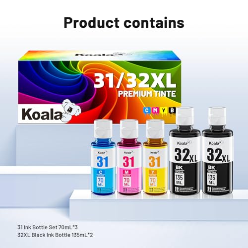 Koala 31 32XL Tinta Compatible con HP Smart Tank 5105 7005 7305 5100 5106 5108, Tinta 31 32 XL para Smart Tank 7005 7605 7006 7306 455 515 519 530 558 559 cm. 70 655 670 750 790 (5 Paquetes)