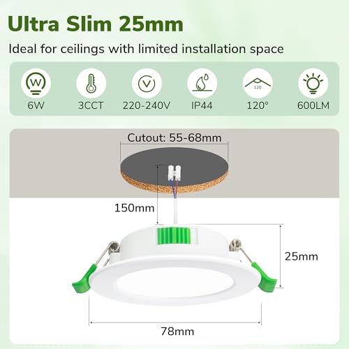 Laiebri Pack de 6 Focos LED Empotrables Extra Planos 25mm, 6W 600LM Regulable 3 Intensidades sin Regulador, 2700K 4000K 6000K, IP44 Ojos de Buey LED Techo, Corte Ø58-68mm 230V, Blanco
