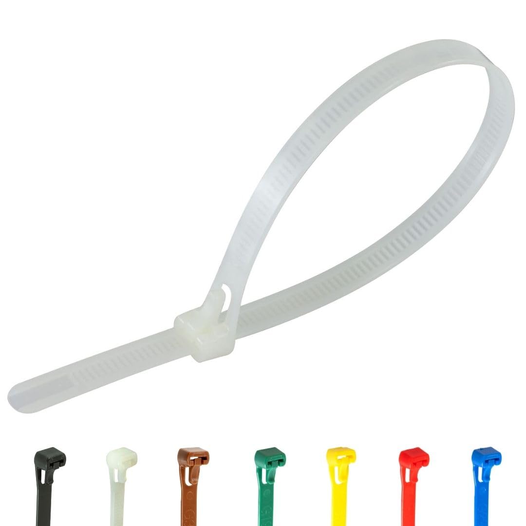 Gocableties 100 Pack of 150mm x 7.6mm Reusable Cable Ties, Heavy Duty White/Natural Releasable Cable Ties, 6" Premium Tie Wraps, Strong Nylon Zip Ties