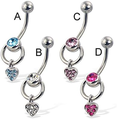 Door Knocker Belly Button Ring With Jeweled Heart, Clear - B