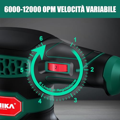 Hychika Orbital Sander, 300W 12000OPM Wood Sander, 6 Speed, with 16 Pieces Sanding Discs 125, with Quick Brake Function for Wood Sanding and Polishing