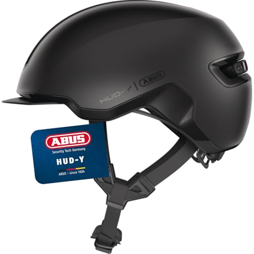 ABUS Urban Helm HUD-Y - mit magnetischem, aufladbarem LED-Rücklicht & Magnetverschluss - cooler Fahrradhelm für den Alltag - für Damen und Herren - Schwarz Matt, Größe L