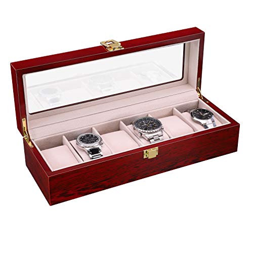 SAVORI Watches Box Luxury 6 Slots Mens Watch Case Cherry Piano Lacquer Wood Watches Collection Superior Metal Buckle with Soft Removable Velvet Pillows - Red