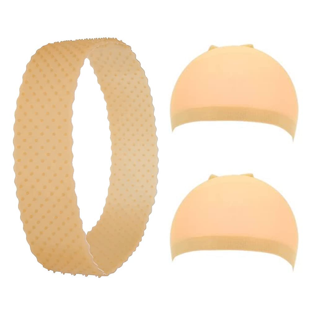 1 Pcs Non-Slip Silicone Wig Band with 2 Pcs Wig Stocking Caps Adjustable Wig Band Silicone Elastic Wig Hairband Non-slip Elastic Headband for Women Men