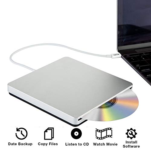 External DVD CD Drive USB3.0 VikTck USB C Super Drive External DVD CD+/-RW Burner Writer Optical Drive Compatible for with Mac/MacBook Pro/Air/iMac/Laptop/Desktop PC/Windows 7/8.1/10 (Silver)