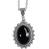 Vintage Black Onyx Pendant Necklace for Women - Antique Silver Oval Gemstone Pendant with Ornate Frame - Gothic Victorian Style Jewelry