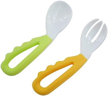 2 Pcs Baby Kids Infant Self-feeding Flatware Training PP Bent Fork Spoon Set