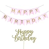Happy Birthday Banner, Happy Birthday Cake Topper, Pink and Gold