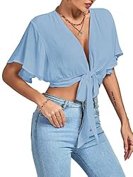LYANER Women's Deep V Neck Tie Front Knot Wrap