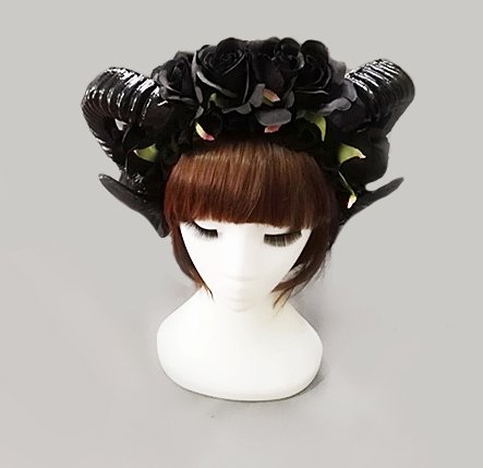 Vintage Victorian Black Roses Sheep Horns Headband Party Night Fancy Dress Lace Veil Hair Accessory Punk Cosplay