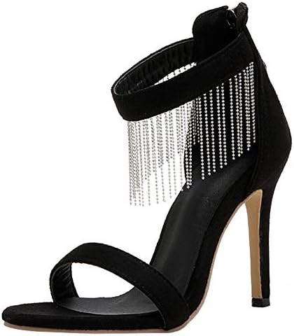 Mofri Women's Dressy Open Toe Zip Ankle Strap Solid Colors Tassels Stiletto High Heels Dress Shoes Sandals