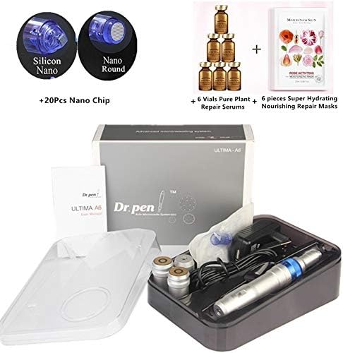 Ultima Dr pen A6 Pen with 20pcs x Nano Chip + 1ml x 6 Vials Repair Serums + 25ml x 6 pieces Super Hydrating Moisturizing Nourishing Repair Masks (with 3D Silicone/Round Nano Chip)