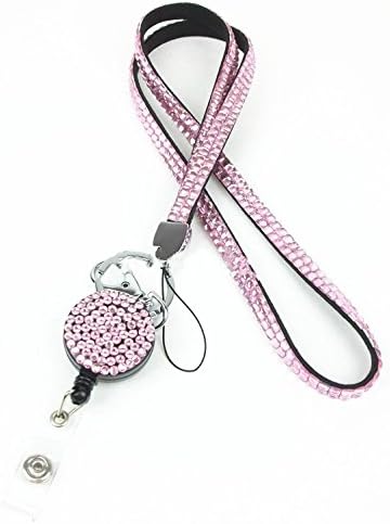 Rhinestone Crystal Effect Neck Lanyard With Matching Colour Rhinestone Badge Reel (Pink)