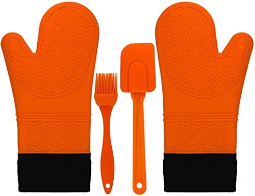 Oven Mitt Pair with Cotton Lining - Flexible, Comfortable Fit with Heat Resistant Silicone to Easily Grip or Hold Pot When Cooking, Grilling, Baking &amp; BBQ (Bonus Free Brush &amp; Spatula from KitchenPalz)