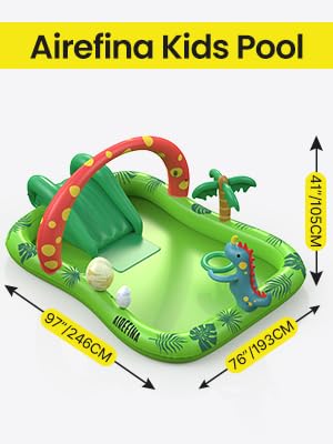Inflatable Kids Pool, Airefina Dino Planet Inflatable Play Center Kiddie Pool with Water Slide, Ultra Thick 97"x76"x41" Toddler Pool with Play Ball Hoop, for Backyard, Garden, Water Park, Ages 3+