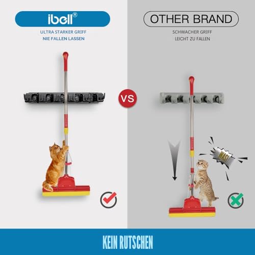 ibell Pack of 2 Broom Holder Wall, Tool Holder Wall Mount with 10 Holders and 12 Hooks, Broom Holder, Tool Holder, Garden Tool Holder, Organiser for Home, Kitchen, Bathroom, Garage, Garden