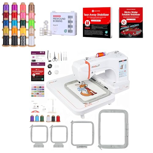 Poolin EOC06 +20 Colors Embroidery Threads+ 25pcs Prewound Bobbins+Wash Away+Tear Away