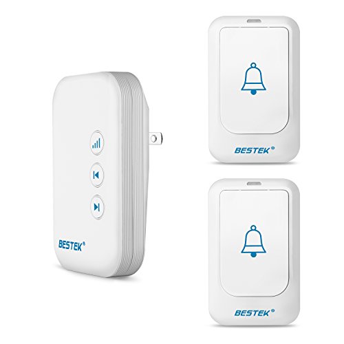 BESTEK Wireless Doorbell, Doorbell Kit Operating at over 500-feet Range with 2 Remote Buttons and 1 Plugin Receiver, LED Flash Lights, 36 Chimes for Home and Office (FCC Certification)-White