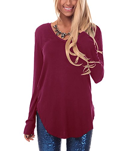 Women Fall Long Sleeve Blouse Top Shirt (Wine Red, X-Large) - Thumbnail 4