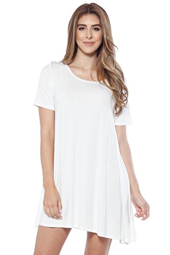 A+D Womens Loose Flowy Shortslv Crewneck Tunic Dress (S-3X) (Ivory, Small)