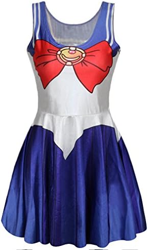 POPSTYLE Women's Bowknot Digital Print Sailor Moon Cosplay Costume Slimfit Pleated Stretchy Dress Dark blue