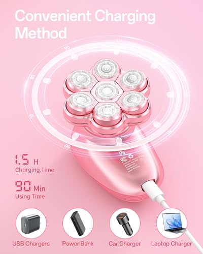 5-in-1 Electric Razors for Women, 7D Magnetic Heads Full Body Shaver, Waterproof Wet Dry Hair Remover with LED Display, Rechargeable Bikini Trimmer for Underarms, Face, Legs, Lips, Arms (Pink)