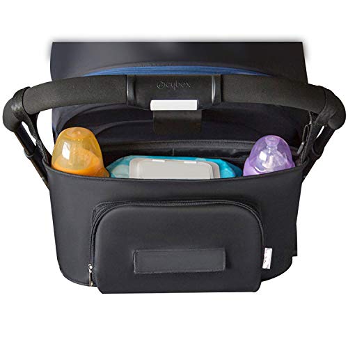 Large Buggy Pram Bag with 2 Cup Holders and Tissue Pocket, Pushchair Stroller Organiser for Mom Travel, Plus 2 Pram Hooks &1 Shoulder Strap