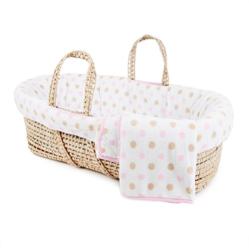 Tadpoles Polka Dot Plush Fleece Moses Basket and Bedding Set, Pink