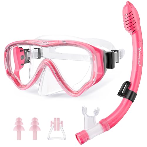 UPhitnis Children's Snorkel Set - Diving Goggles Anti-Fog and Dry Snorkel - Anti-Leak Diving Mask Dry Snorkel - Snorkelling Set for Boys Girls - Pink, Blue, Black, Yellow