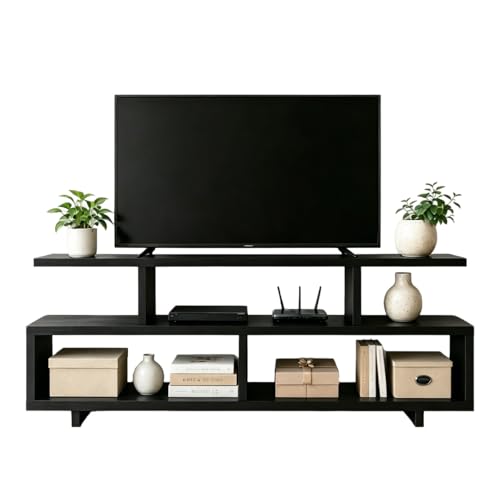 DNIDIO Mueble para TV Moderno, Mesa para TV con Consola de 3 Niveles,Centro de Entretenimiento para TV(110cm, Negro)