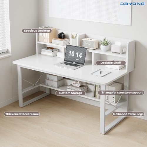DAYONG Modern Minimalist Study Desk with Bookshelf, 100CM Computer Table with Multi-Level Storage, PC Gaming Workstation Home Office Writing Desks (White-100cm)
