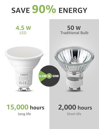 Lepro GU10 LED Bulbs, Warm White 2700K, 4.5W 345lm, 50W Halogen Spotlight Bulb Equivalent, Energy Saving GU10 LED Light Bulbs, 100° Wide Beam, Non-dimmable, Pack of 10