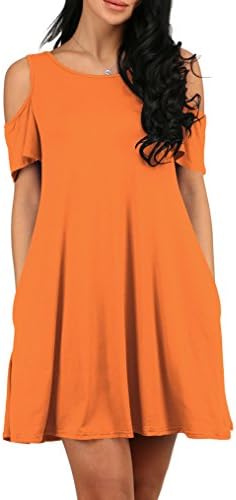 MONIKEEN Women's Summer Cold Shoulder Loose Casual Swing T Shirt Dress Top With Pockets