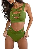 Prograce Women's Sexy Criss Cross High Waisted Bandage 2PCS Bikini Set, L Green
