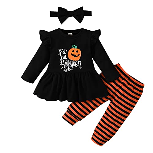 Noubeau My 1st Halloween Baby Girl Outfits Ruffle Pumpkin Print Tunic Drees Shirt Stripe Pants Legging Fall Winter Clothes